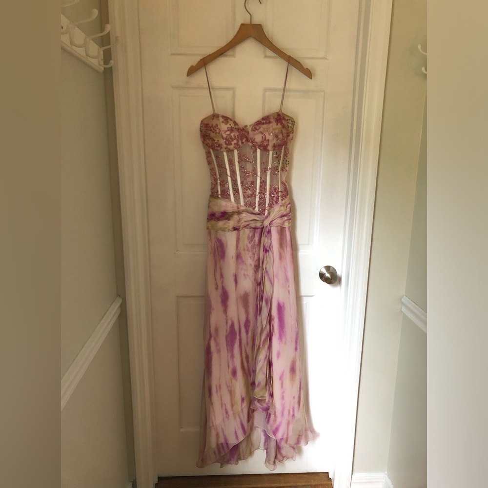 Vintage Dolce Jovani Beaded Tie Dye Strapless Floral Corset Maxi Gown size 8